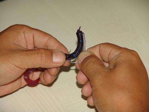 The crank hook goes through the body of the soft bait